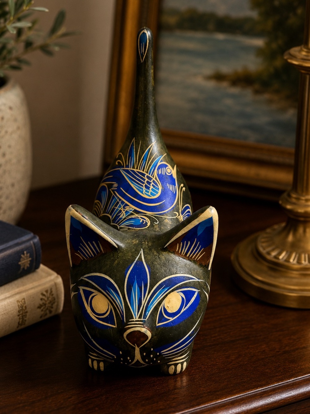 Handmade Mexican Talavera Cat Sculpture | Folk Art Handpainted Clay Ceramic